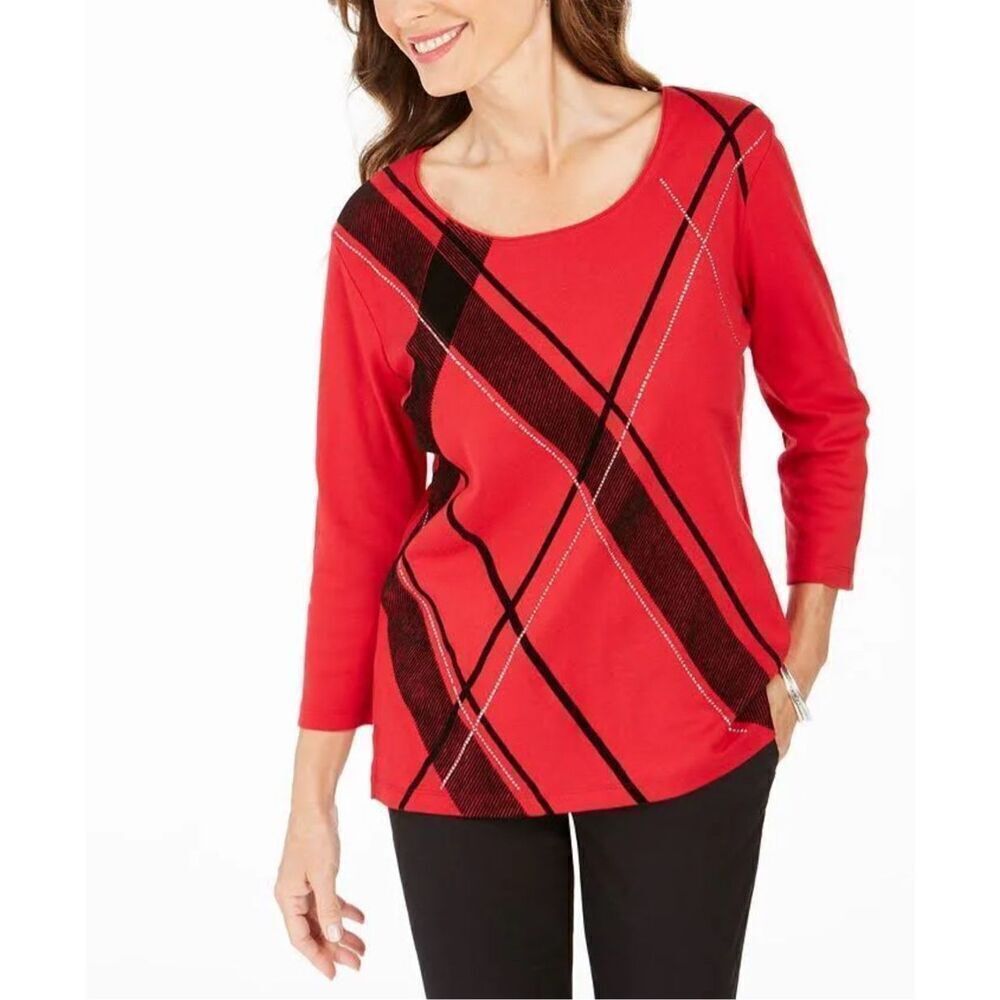 NWT Karen Scott Women's Christmas Angled-Stripe Long Sleeve Top Cotton Size XL
